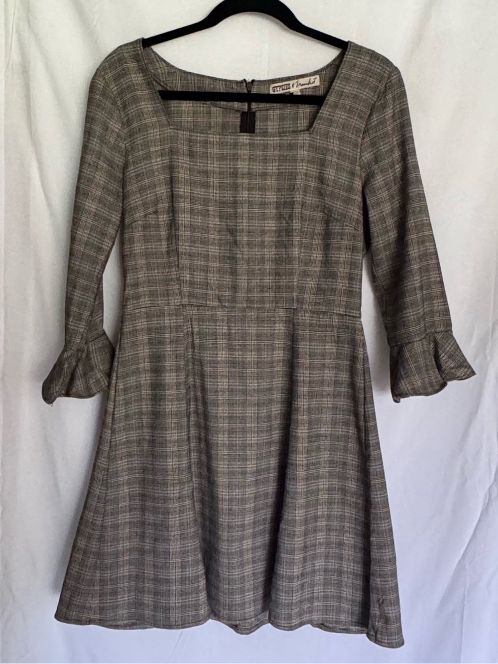 Plaid Square Neck Mini Dress - Bell Sleeve - Size M